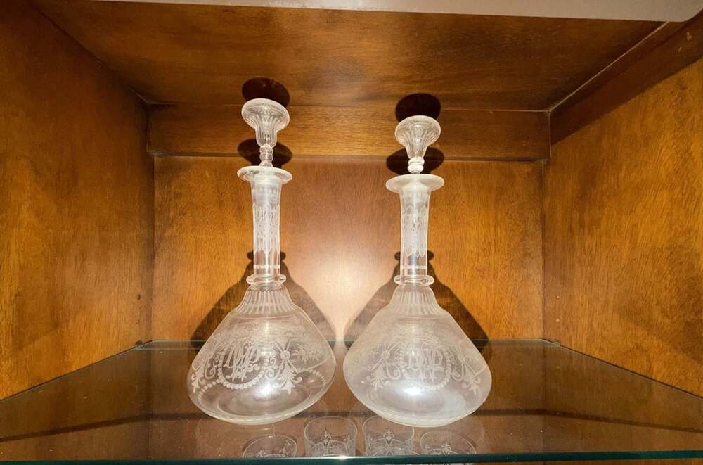 Antique Etched Crystal Globe And Shaft Decanter Pair